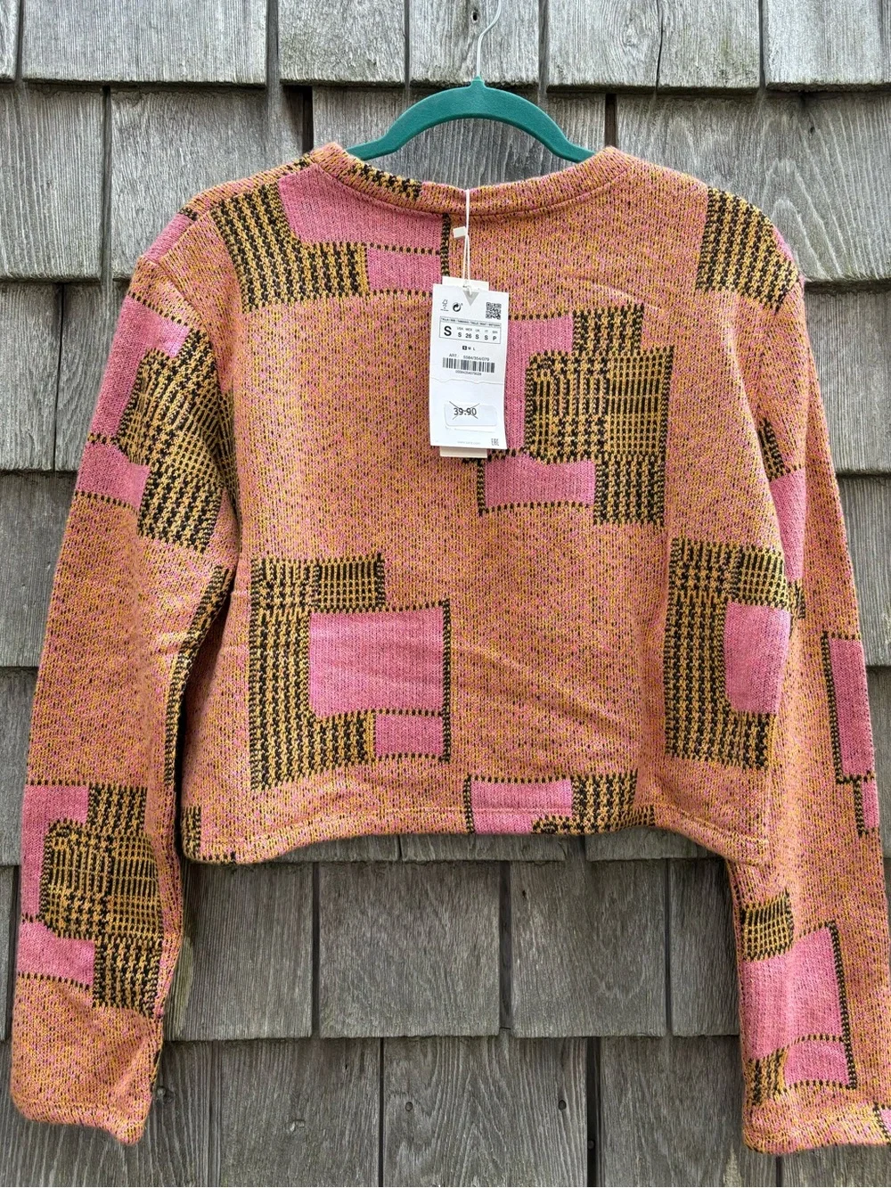 Zara Pink and Mustard Geo Cropped Knit Sweatshirt BRAND NEW